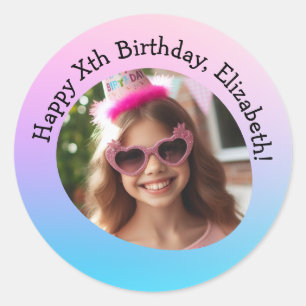 Sticker Rond Photo personnalisée Nom et âge Joyeux Anniversaire