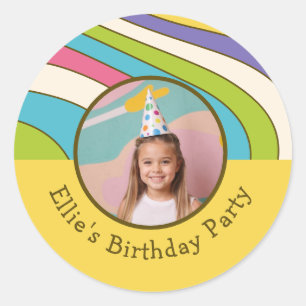 Sticker Rond Photo Personnalisée Nom Retro Coloré Anniversaire