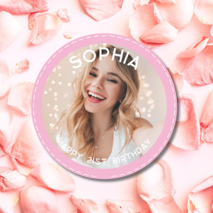 Sticker Rond Photo personnalisée rose moderne pour 21e annivers