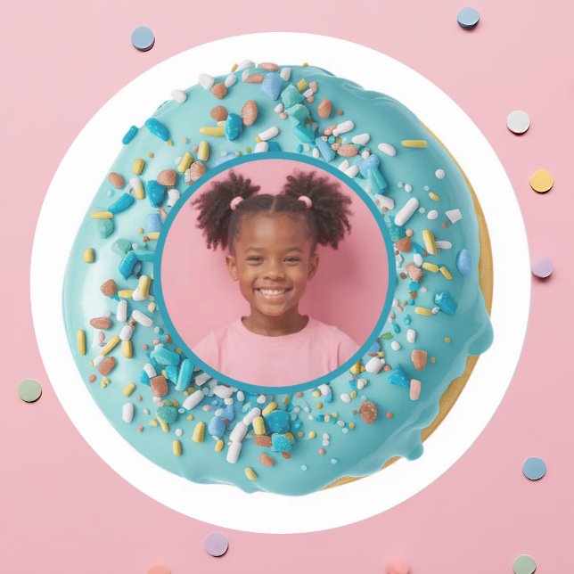 Sticker Rond Photo personnalisée Saupoudrer de beignets bleu fê (Custom Photo Blue Donut Sprinkles Birthday Party Classic Round Sticker)