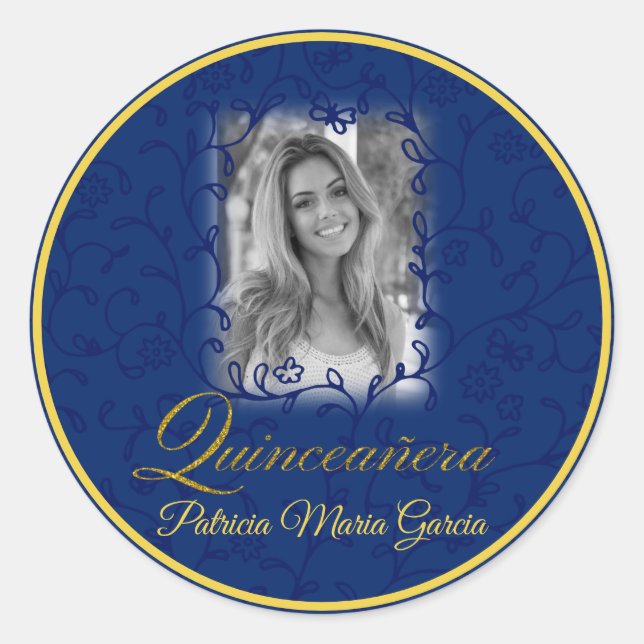 Sticker Rond Photo royale bleue quinceañera vignes florales (Devant)