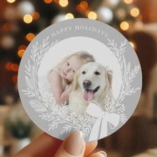 Sticker Rond Photo Silver Grey & White Christmas Wreath Photo