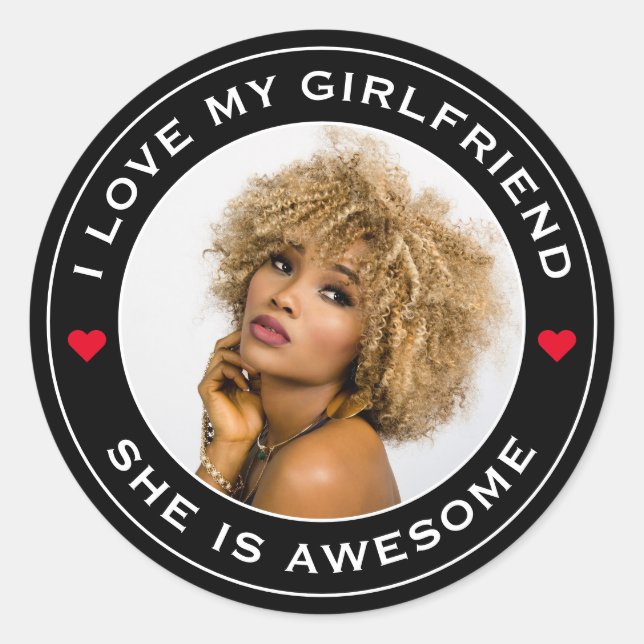 Sticker Rond Photo Texte Coeur J'Aime Mon Awesome Petite Amie (Devant)