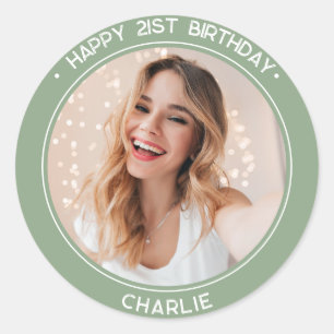 Sticker Rond Photo verte moderne Joyeux 21e anniversaire sauge