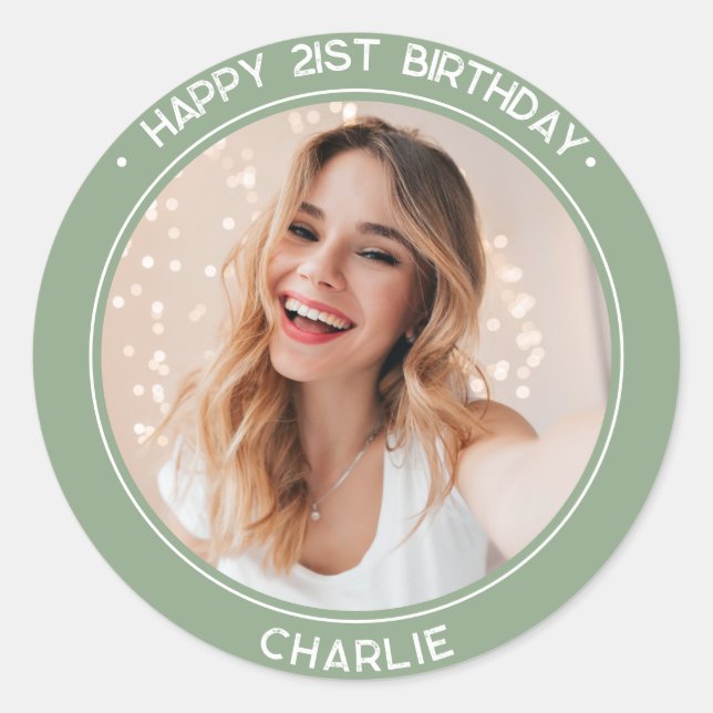 Sticker Rond Photo verte moderne Joyeux 21e anniversaire sauge (Devant)