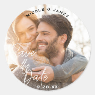 Sticker Rond Photo White Modern Script ENREGISTRER LA DATE
