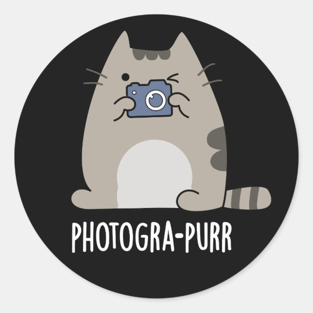 Sticker Rond Photograh-purr Funny Cat Photographe Pun Dark BG (Devant)