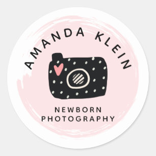 Sticker Rond Photographe Minimaliste Mignon Appareil Photo Noir