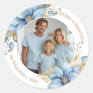 Sticker Rond Photographie de Noël Icy Blue Gold Poinsettia Flow