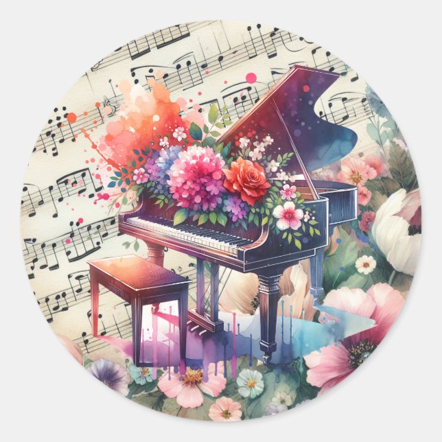 Sticker Rond Piano et Fleurs aquarelles (Devant)