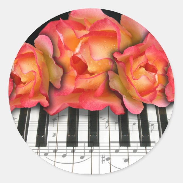 Sticker Rond Piano Keyboard Roses et notes musicales (Devant)