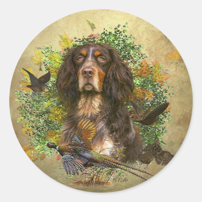 Sticker Rond Picardy Spaniel, Saison de chasse (Devant)