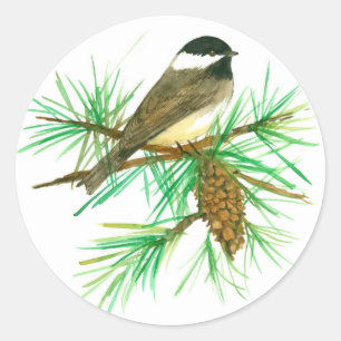 Sticker Rond Pickadee noir blanc Pine Cône Tassel