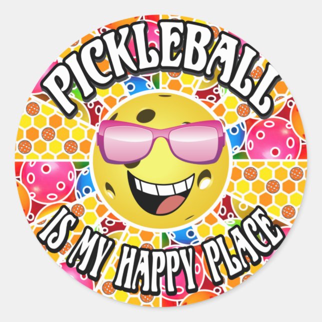 Sticker Rond Pickleball est mon endroit heureux - Graphique col (Devant)