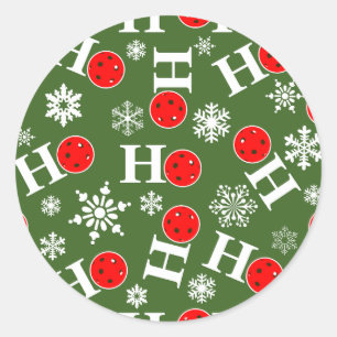 Sticker Rond Pickleball Noël Rouge Vert Feux de neige Ho Ho Ho