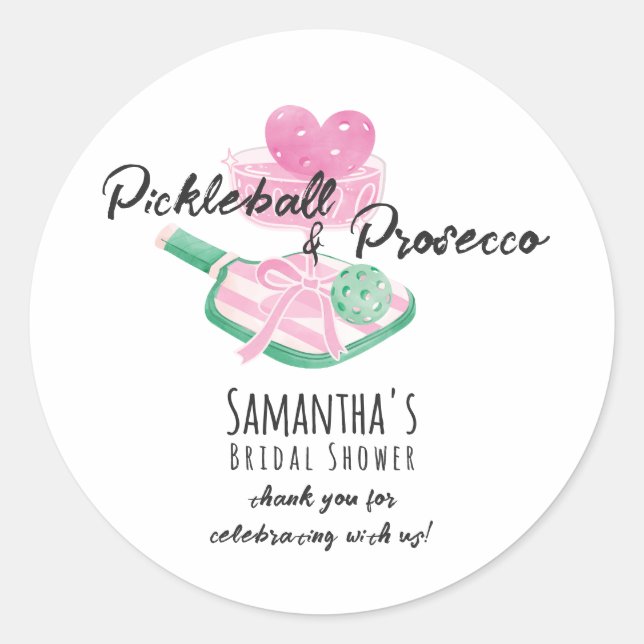 Sticker Rond Pickleball & Prosecco Rétro Invitation de Mariage  (Devant)