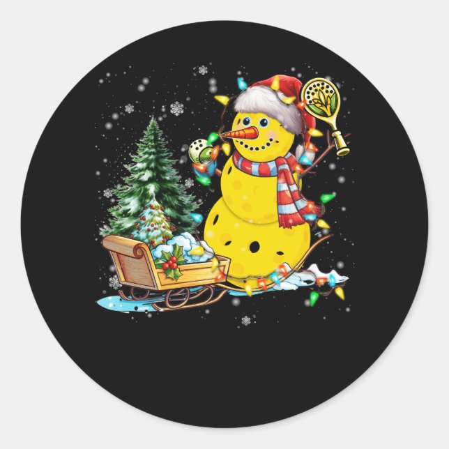 Sticker Rond Pickleball Snowman Santa Hat Lumières Noël Pick (Devant)