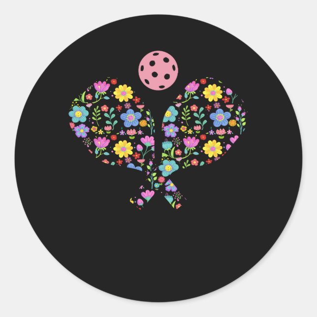 Sticker Rond Pickleball Sports Racquet Raquette Fleurs De Paddl (Devant)