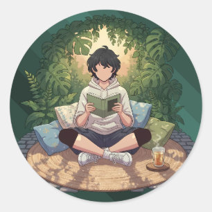 Sticker Rond Pièce d'art de lecture de jardin cosy