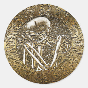 Sticker Rond Pièce de trésor vintage Crâne de squelette en or