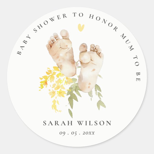 Sticker Rond Pieds bébé Jaune Floral Sexe Baby shower neutre (Devant)