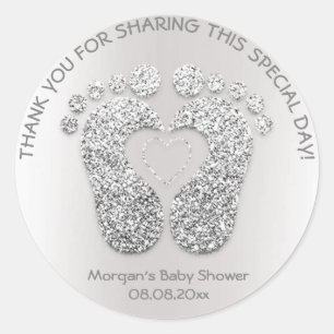 Sticker Rond Pieds Coeur Argent Baby shower Favoriser Merci gri