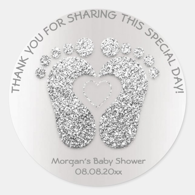 Sticker Rond Pieds Coeur Argent Baby shower Favoriser Merci gri (Devant)