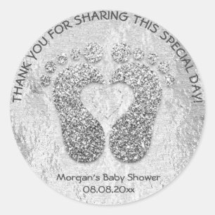 Sticker Rond Pieds Coeur Argent Baby shower Favoriser Merci gri