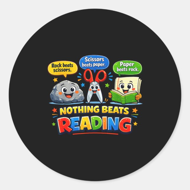 Sticker Rond Pierre feuille ciseaux rien ne vaut la lecture drô (Devant)