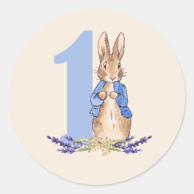 Sticker Rond Pierre le lapin 1er anniversaire bleu (Devant)