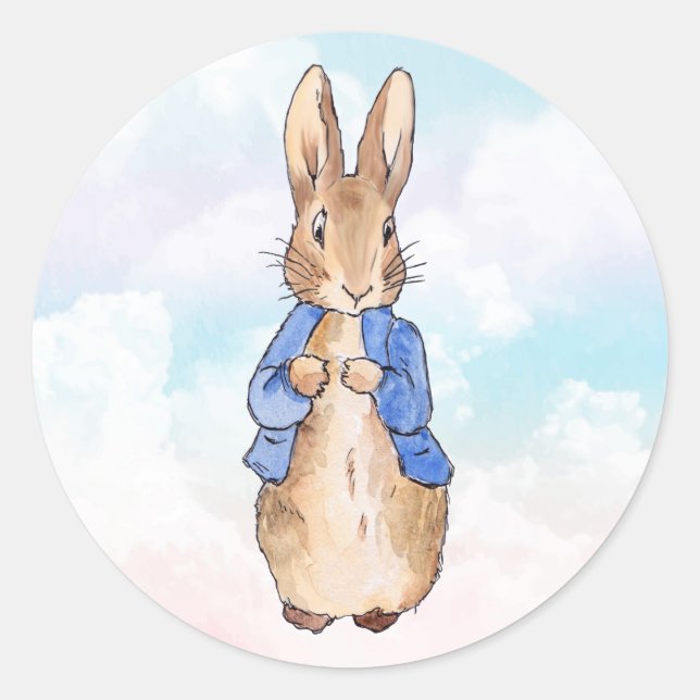 Sticker Rond Pierre le lapin bleu pastel et nuages roses (Devant)
