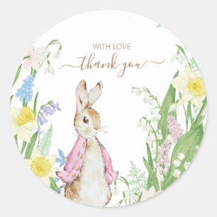 Sticker Rond Pierre le lapin Printemps fleurit Baby shower rose