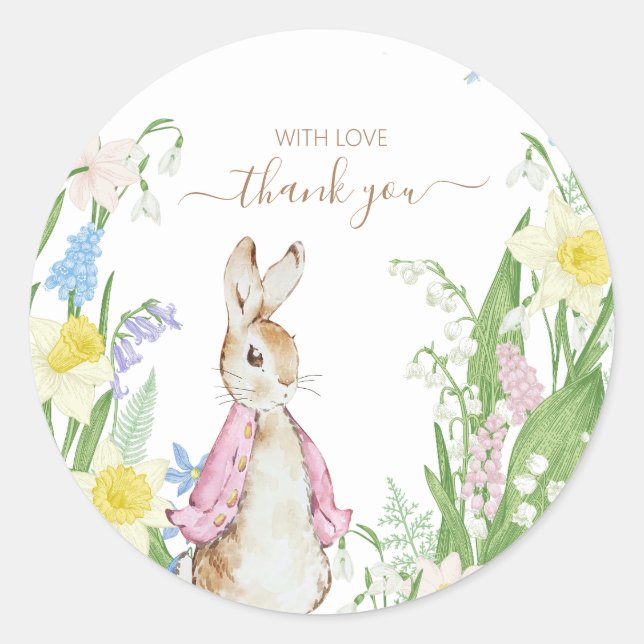 Sticker Rond Pierre le lapin Printemps fleurit Baby shower rose (Devant)