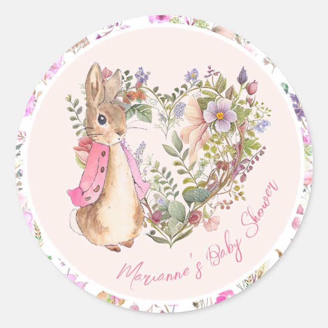 Sticker Rond Pierre le lapin rose Floral Baby shower fille (Devant)