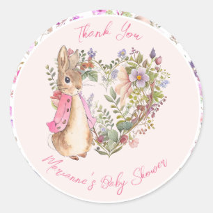 Sticker Rond Pierre le lapin rose Floral Baby shower fille