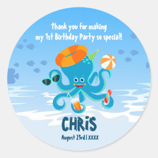 Sticker Rond Pieuvre bleue sous la mer Boy fête d'anniversaire