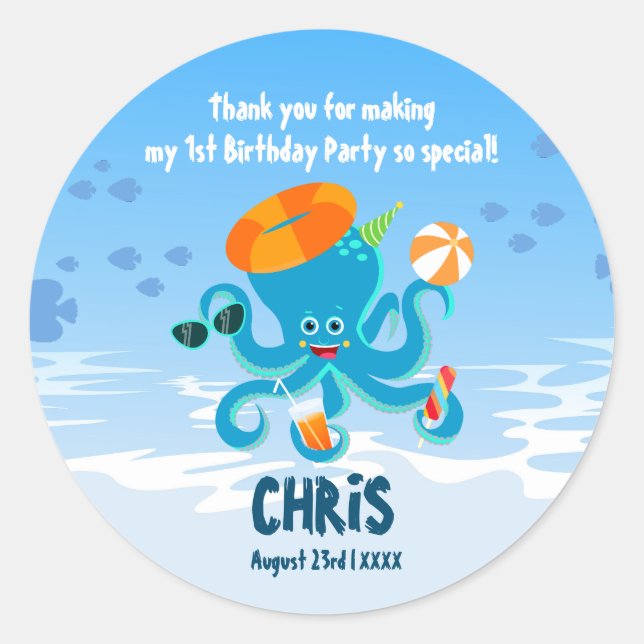 Sticker Rond Pieuvre bleue sous la mer Boy fête d'anniversaire (Devant)