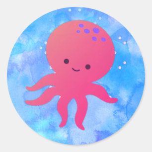 Sticker Rond Pieuvre En Cartoon Cute Dans L'Aquarelle Bleue