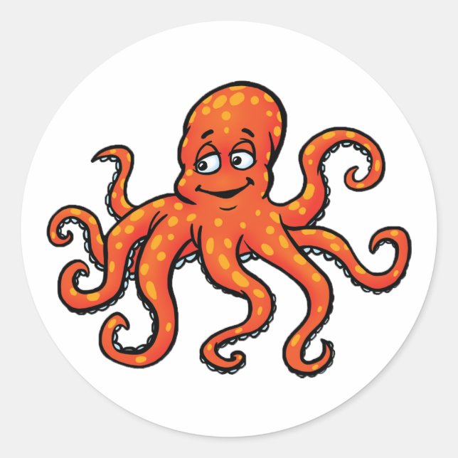 Sticker Rond Pieuvre Orange Dessin Animé Océan Créature Marine (Devant)
