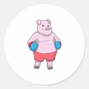 Sticker Rond Pig at Boxing with Boxing gloves