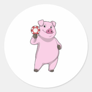 Sticker Rond Pig au Poker avec des jetons de Poker