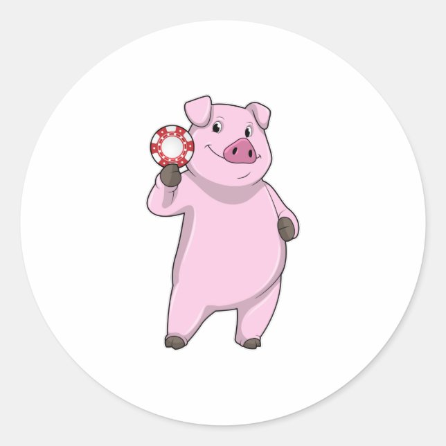 Sticker Rond Pig au Poker avec des jetons de Poker (Devant)