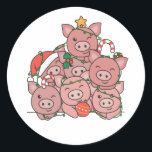 Sticker Rond Pig Christmas Tree Funny Animal Christmas<br><div class="desc">Les pigs look like a Christmas tree. Veuh fairy lights and Santa's hats they are perfect pour Christmas. Every pig lover is happy about cute animals for the winter holidays.</div>