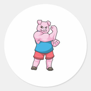 Sticker Rond Pig comme Bodybuilder avec grand bras Supérieur
