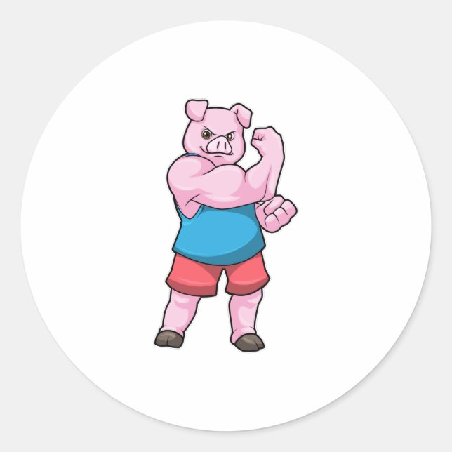 Sticker Rond Pig comme Bodybuilder avec grand bras Supérieur (Devant)