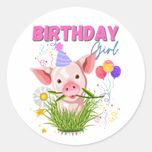 Sticker Rond Pig Piggy Anniversaire Rose Fille Animaux Amateurs