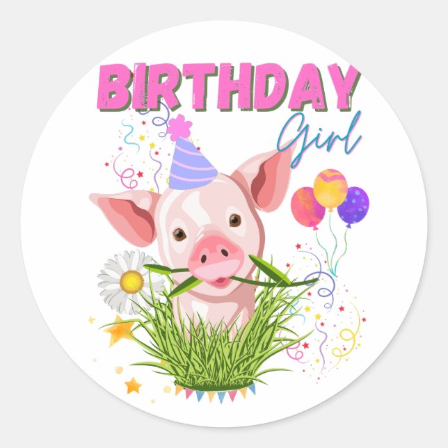 Sticker Rond Pig Piggy Anniversaire Rose Fille Animaux Amateurs (Devant)