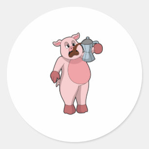 Sticker Rond Pig with coffee pot