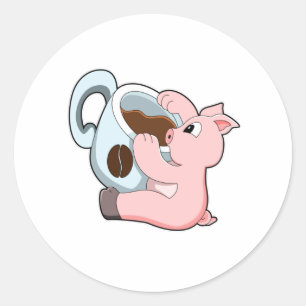 Sticker Rond Pig with Cup of Coffee