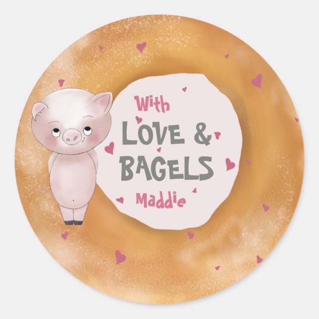 Sticker Rond Piggy "With Love & Bagels" | Cotton bonbon rose (Devant)